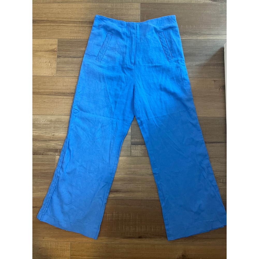 Jason Wu Blue Linen Blend Wide Leg Braided Trim Trousers Size 2